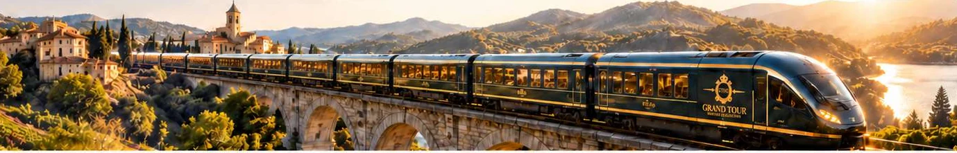 Train de prestige franchissant un viaduc dans un paysage européen