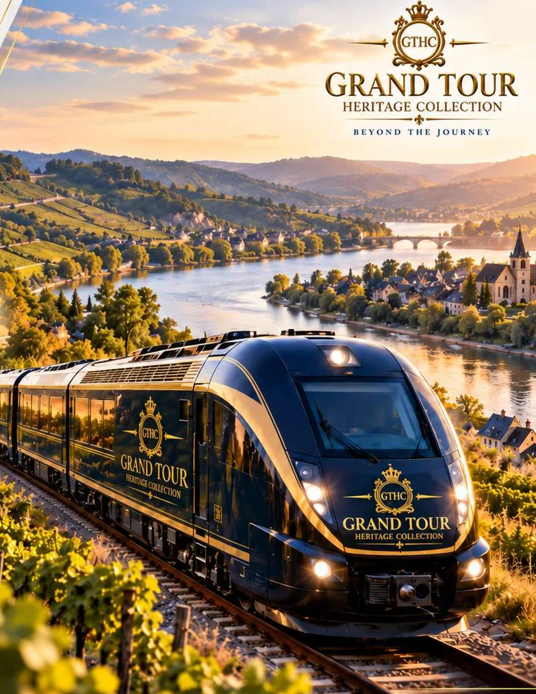 Train de prestige longeant un fleuve dans un paysage européen