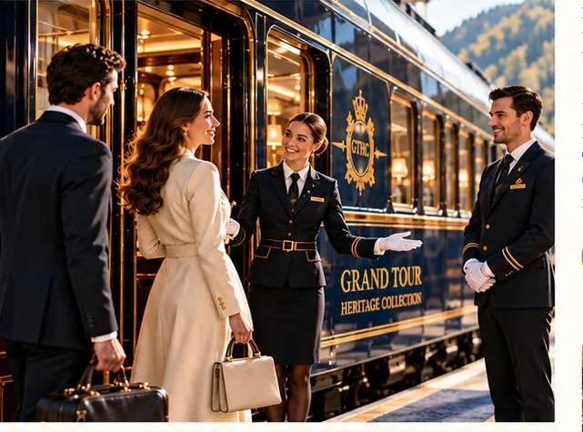 Équipe d'accueil recevant des invités devant un train de prestige