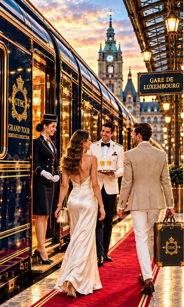 Invités accueillis devant un train de prestige